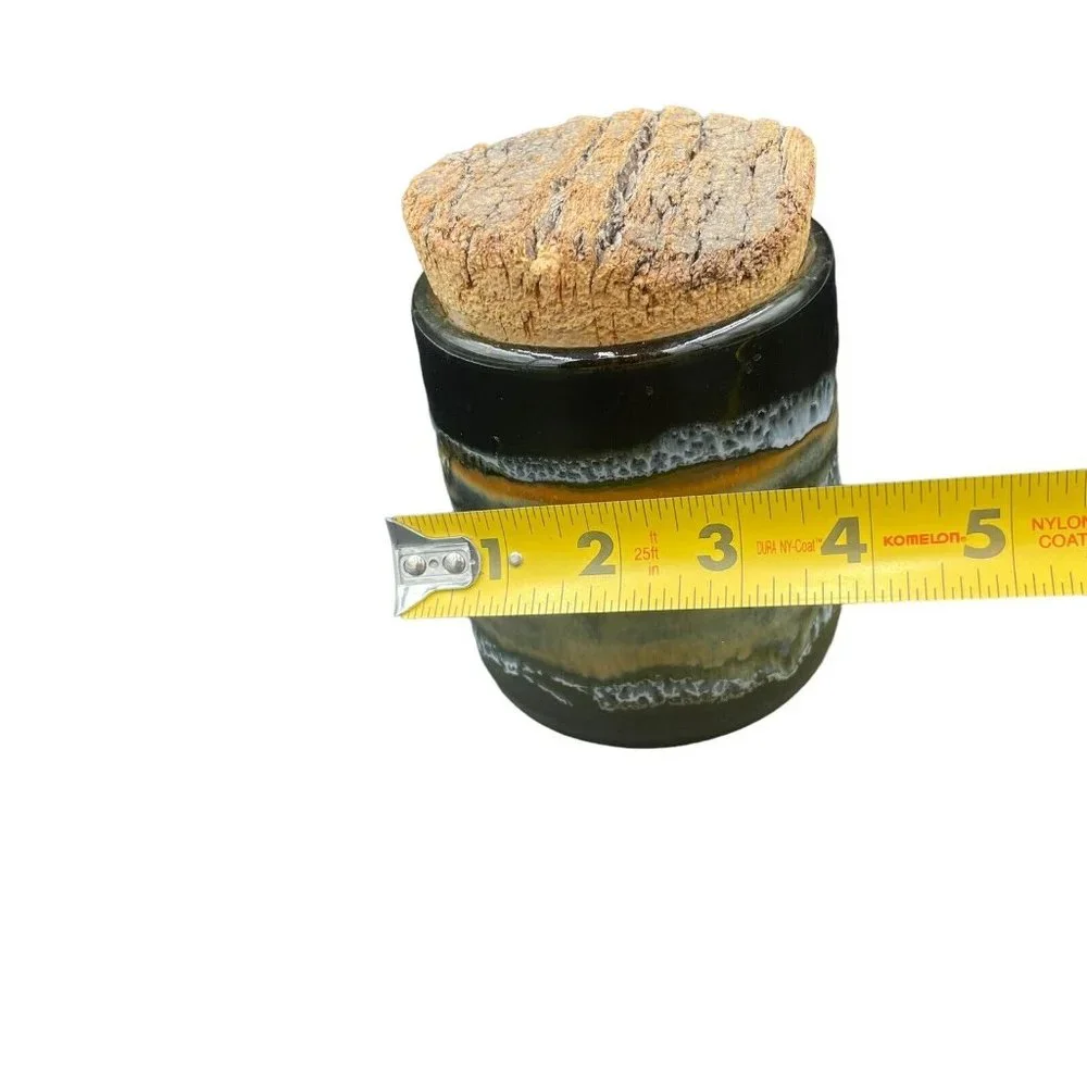 Studio Art Pottery Canister Jar With Cork Lid Black Beige Drip Glaze Glossy